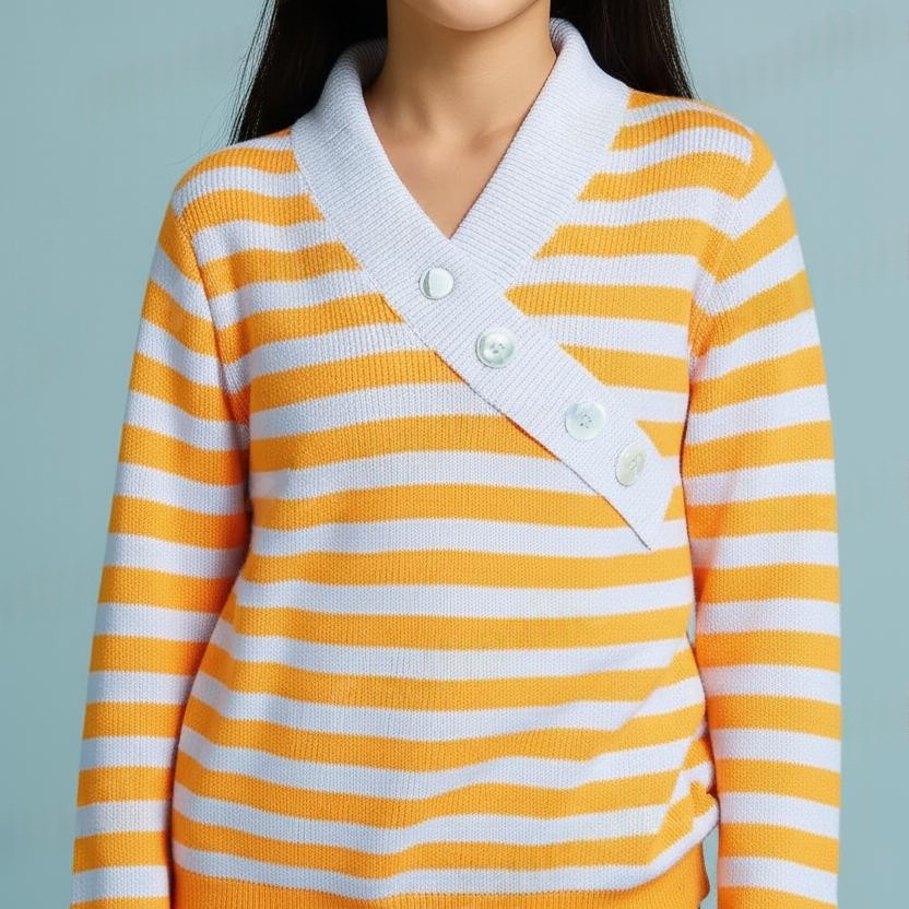 New Yellow & White Horizontal Striped Fashion Button V Neck Top for Women and Girls - View 2 of 4 - Premium wool sweater