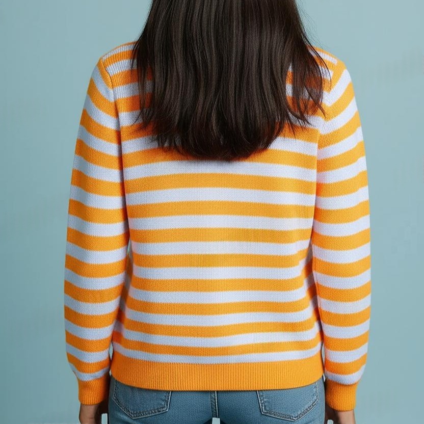 New Yellow & White Horizontal Striped Fashion Button V Neck Top for Women and Girls - View 3 of 4 - Premium wool sweater