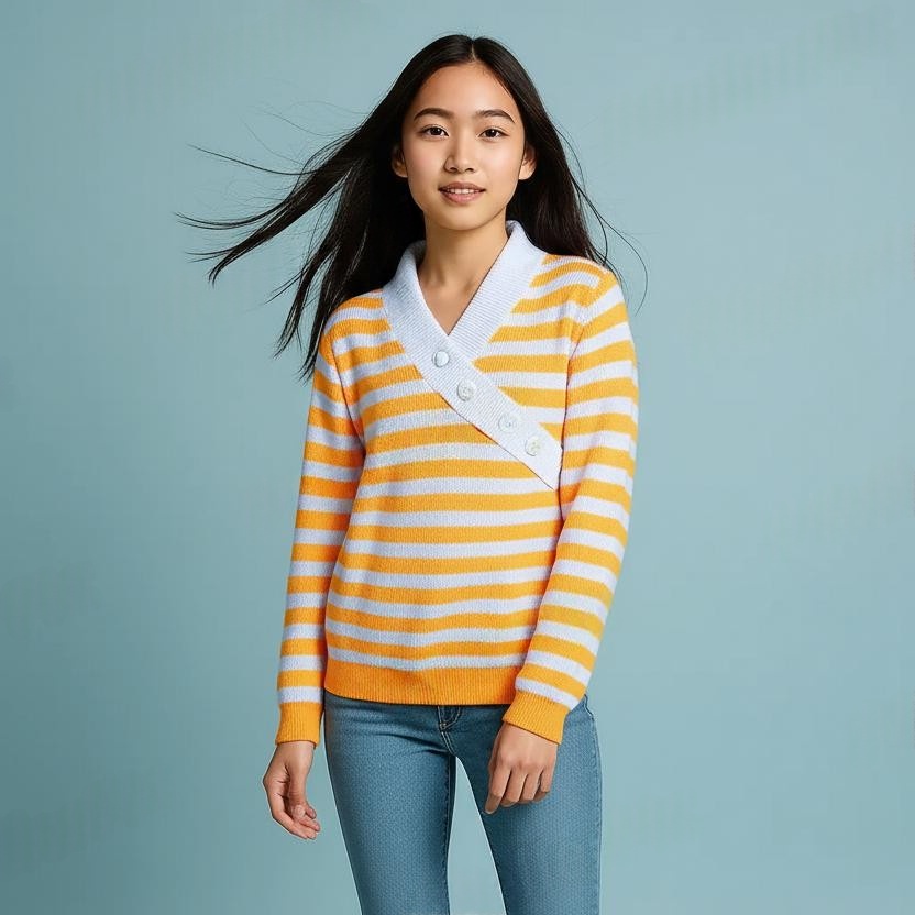 New Yellow & White Horizontal Striped Fashion Button V Neck Top for Women and Girls - Premium wool sweater from Sonai Knitcraft. Buy winter sweaters online.