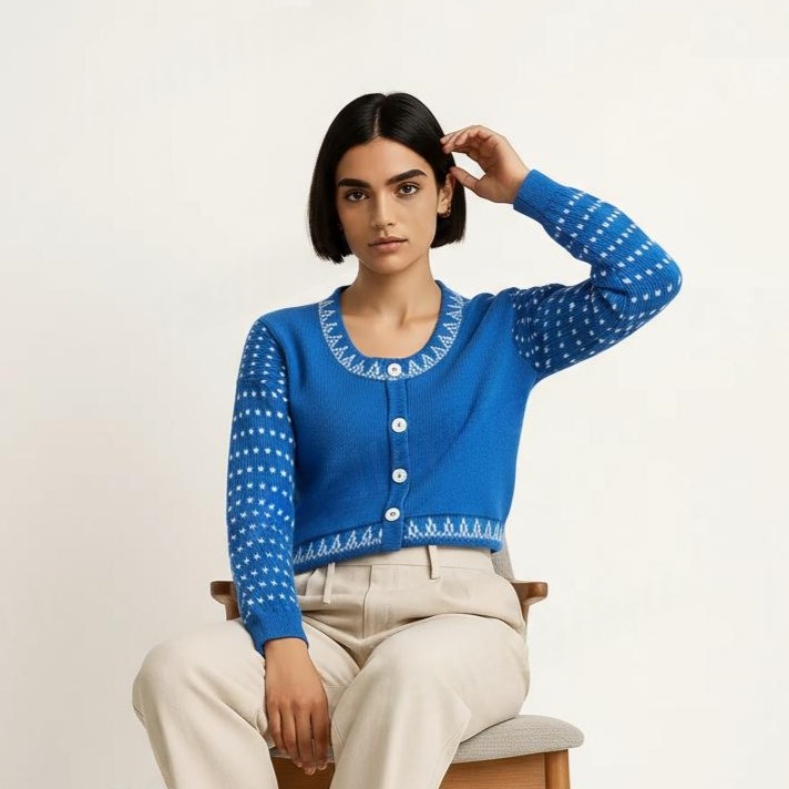 Blue & White Dotted Flower Woolen Blouse Sweater for Women - View 3 of 7 - Premium wool sweater