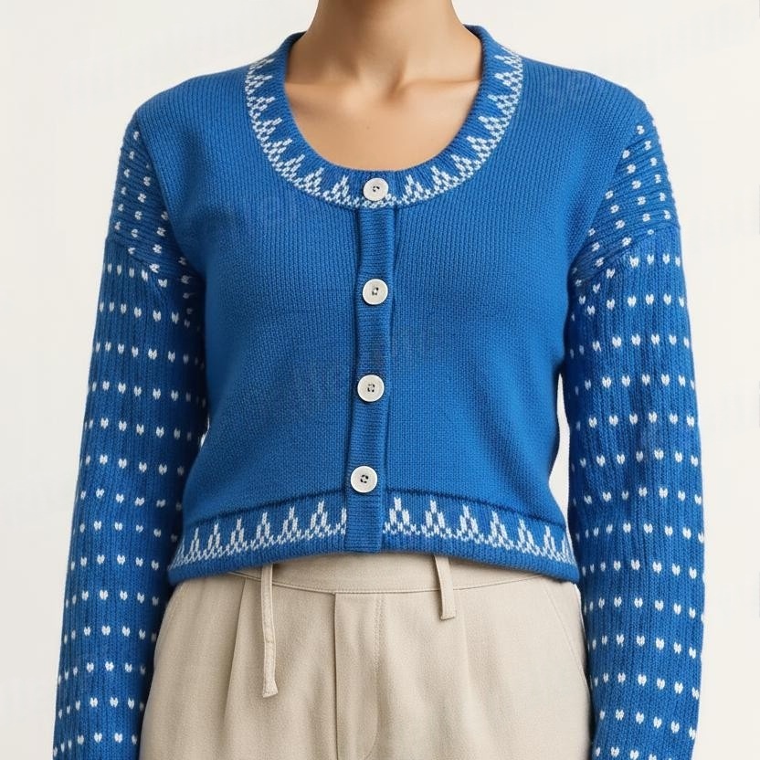 Blue & White Dotted Flower Woolen Blouse Sweater for Women - View 4 of 7 - Premium wool sweater
