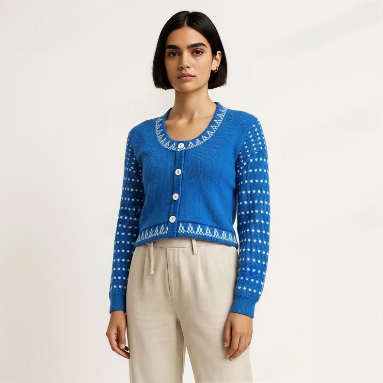 Blue & White Dotted Flower Woolen Blouse Sweater for Women - Premium wool sweater from Sonai Knitcraft. Buy winter sweaters online.
