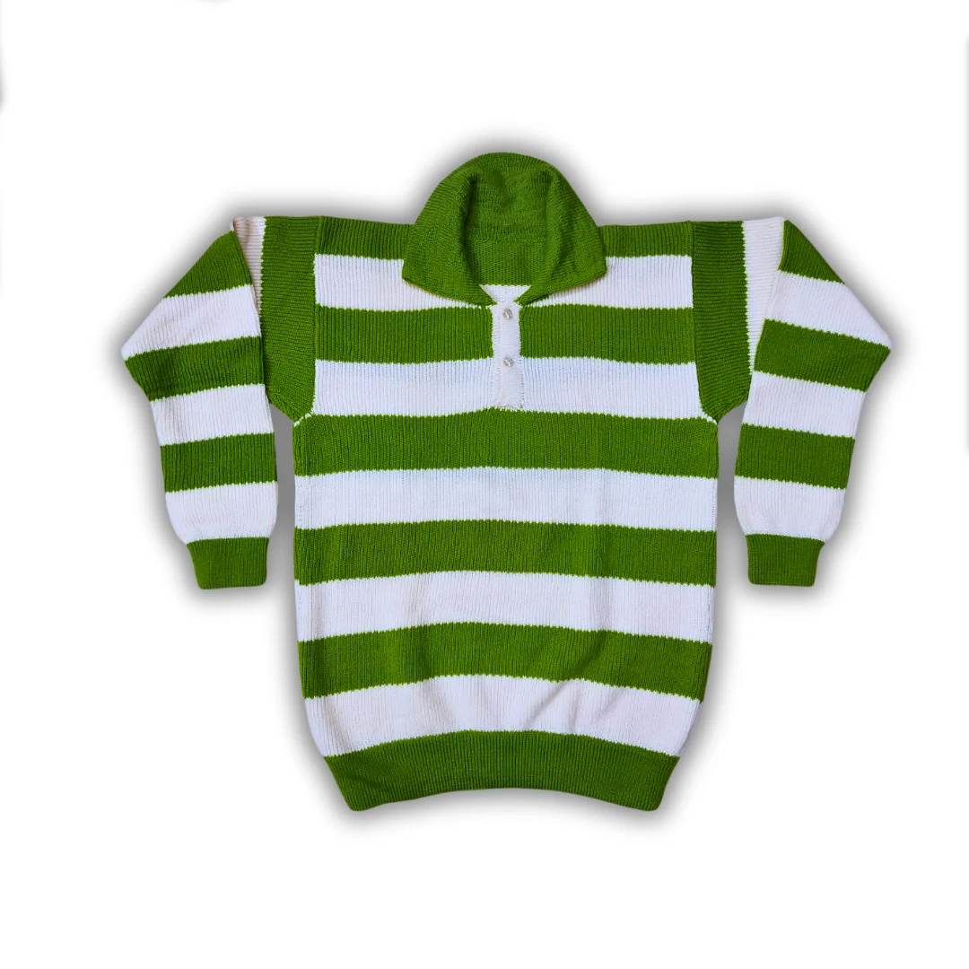 Olive Green and White Stripe Spread Collar Sweater - View 2 of 8 - Premium wool sweater