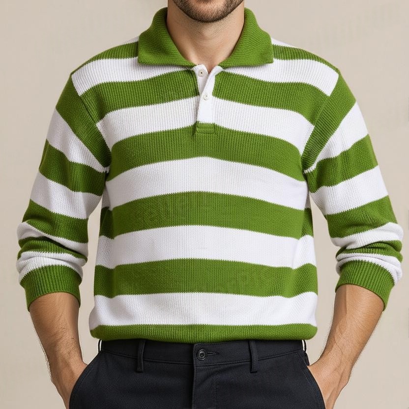Olive Green and White Stripe Spread Collar Sweater - View 3 of 8 - Premium wool sweater