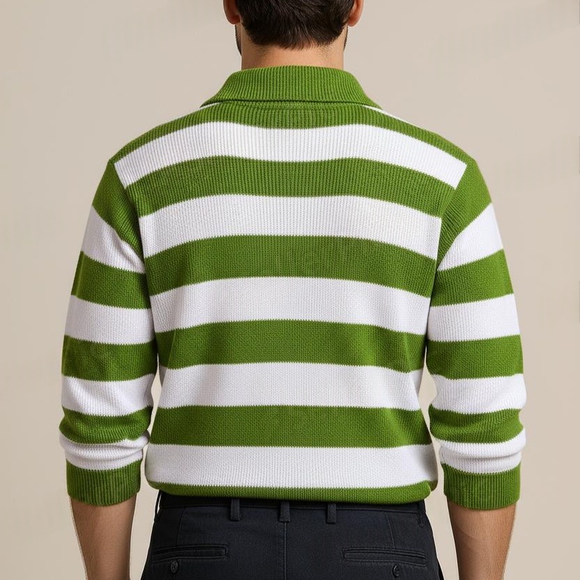 Olive Green and White Stripe Spread Collar Sweater - View 5 of 8 - Premium wool sweater