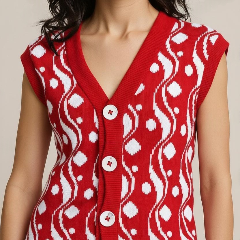 Floral Bubble Pattern Buttoned V Neck Half Sleeve Topwear for Women - View 3 of 6 - Premium wool sweater