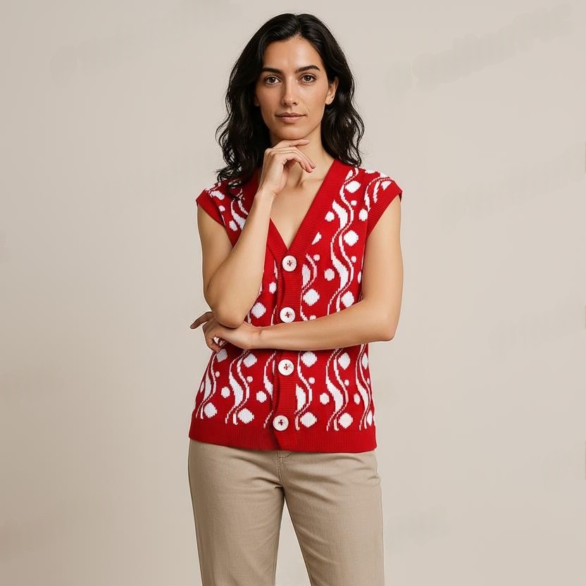 Floral Bubble Pattern Buttoned V Neck Half Sleeve Topwear for Women - View 5 of 6 - Premium wool sweater