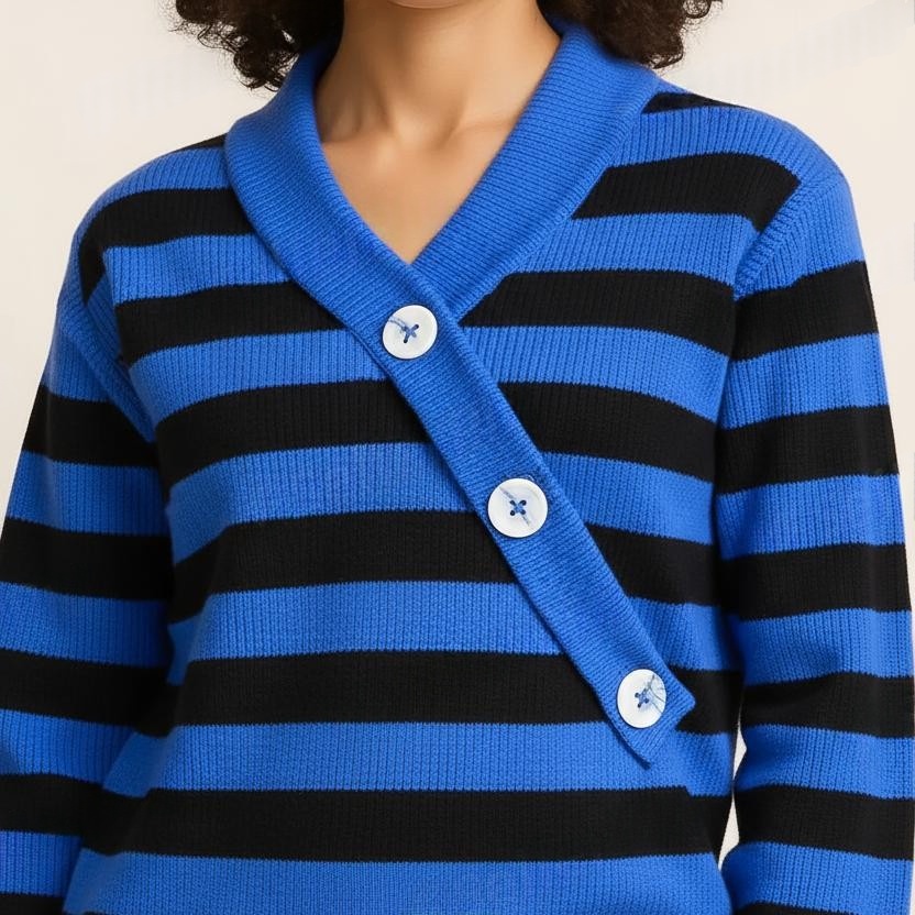 Blue Black Horizontal Striped Fashion Button V Neck Top for Women and Girls - View 2 of 4 - Premium wool sweater