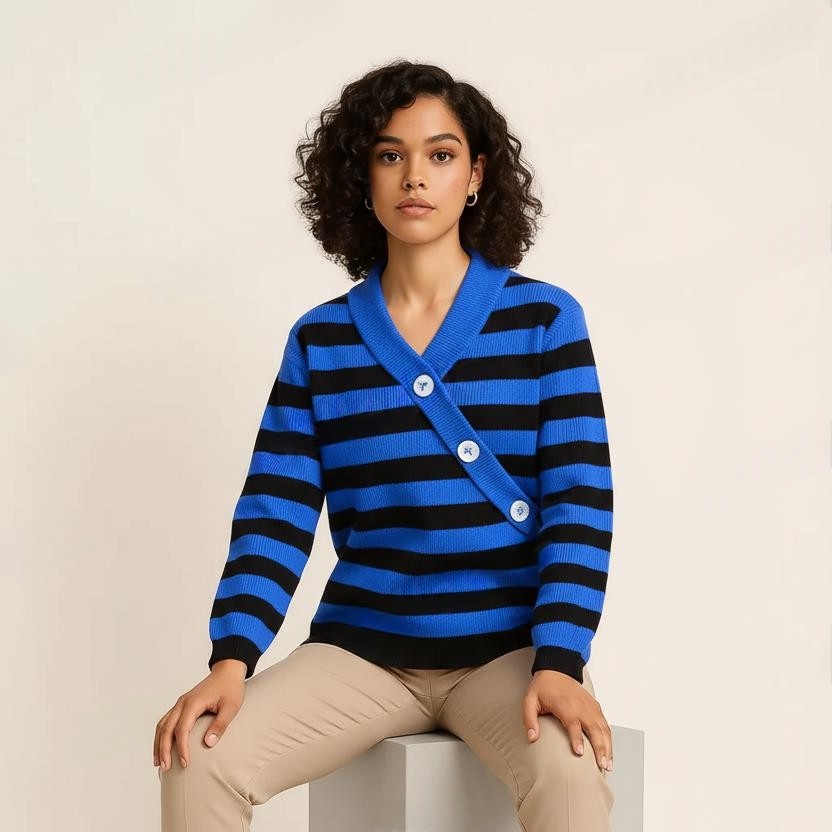 Blue Black Horizontal Striped Fashion Button V Neck Top for Women and Girls - View 3 of 4 - Premium wool sweater