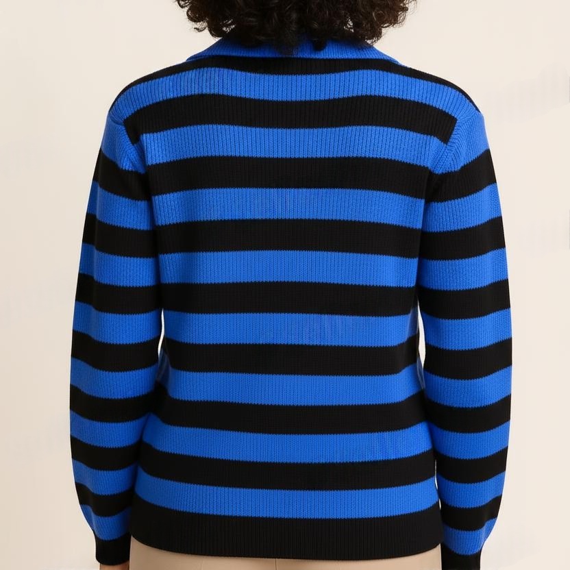 Blue Black Horizontal Striped Fashion Button V Neck Top for Women and Girls - View 4 of 4 - Premium wool sweater