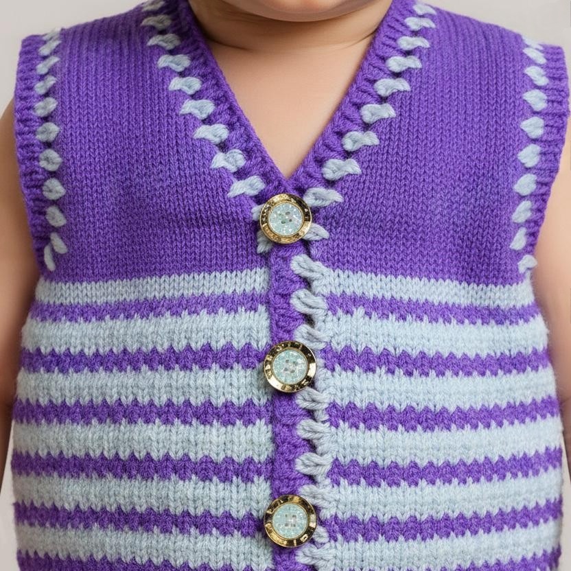 Purple White Striped V Neck Sleeveless Sweater Knitted for Baby Boys & Baby Girls - View 3 of 7 - Premium wool sweater