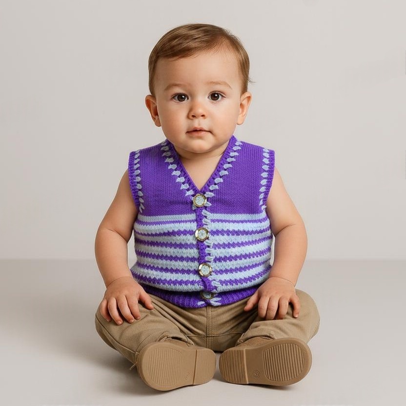 Purple White Striped V Neck Sleeveless Sweater Knitted for Baby Boys & Baby Girls - View 5 of 7 - Premium wool sweater