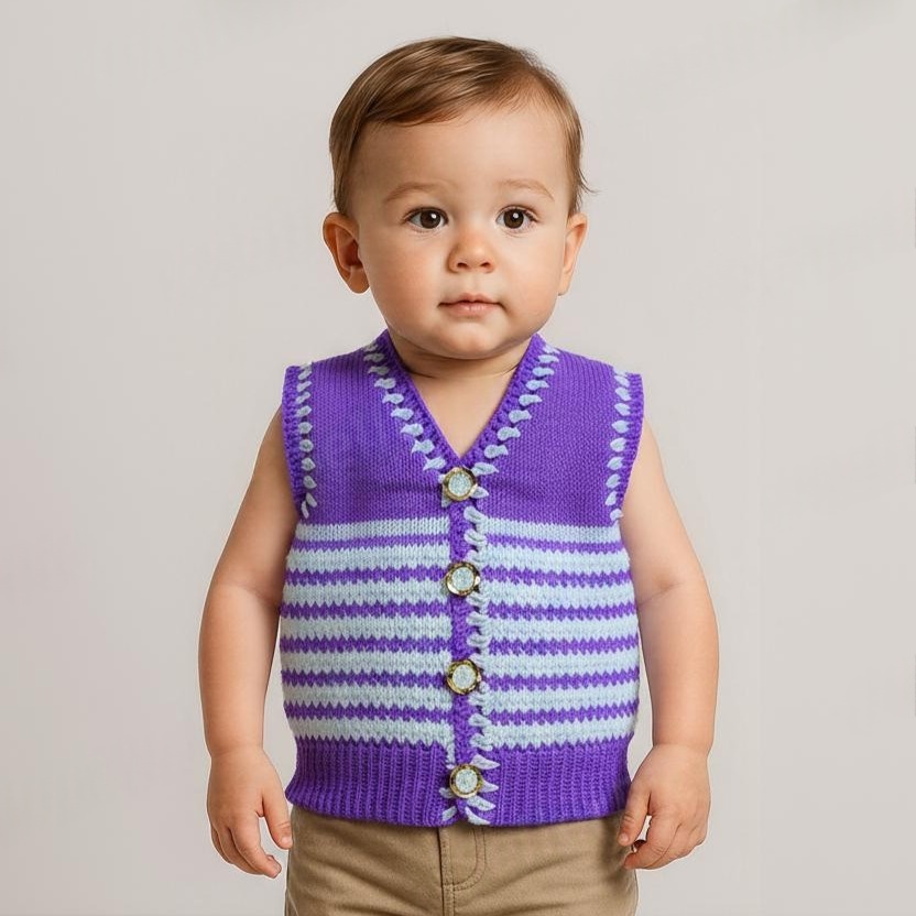 Purple White Striped V Neck Sleeveless Sweater Knitted for Baby Boys & Baby Girls - View 7 of 7 - Premium wool sweater