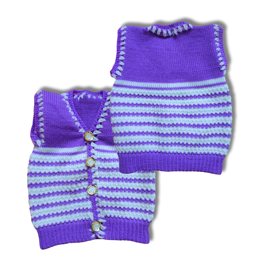 Purple White Striped V Neck Sleeveless Sweater Knitted for Baby Boys & Baby Girls - View 4 of 7 - Premium wool sweater