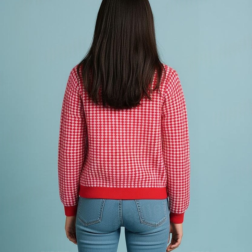 Red and White Dotted Womens Cotton Round Neck buttoned Sweaters - View 3 of 8 - Premium wool sweater