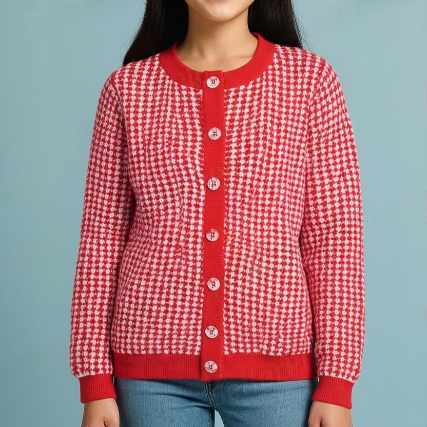 Red and White Dotted Womens Cotton Round Neck buttoned Sweaters - View 5 of 8 - Premium wool sweater