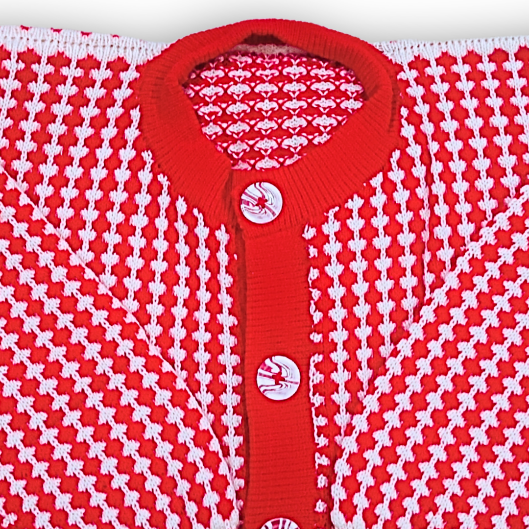 Red and White Dotted Womens Cotton Round Neck buttoned Sweaters - View 4 of 8 - Premium wool sweater