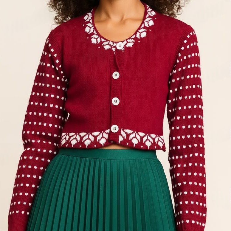 Trendy Maroon Full Dotted Sleeve Round Neck Blouse for Women by Sonai Knitcraft - View 4 of 8 - Premium wool sweater
