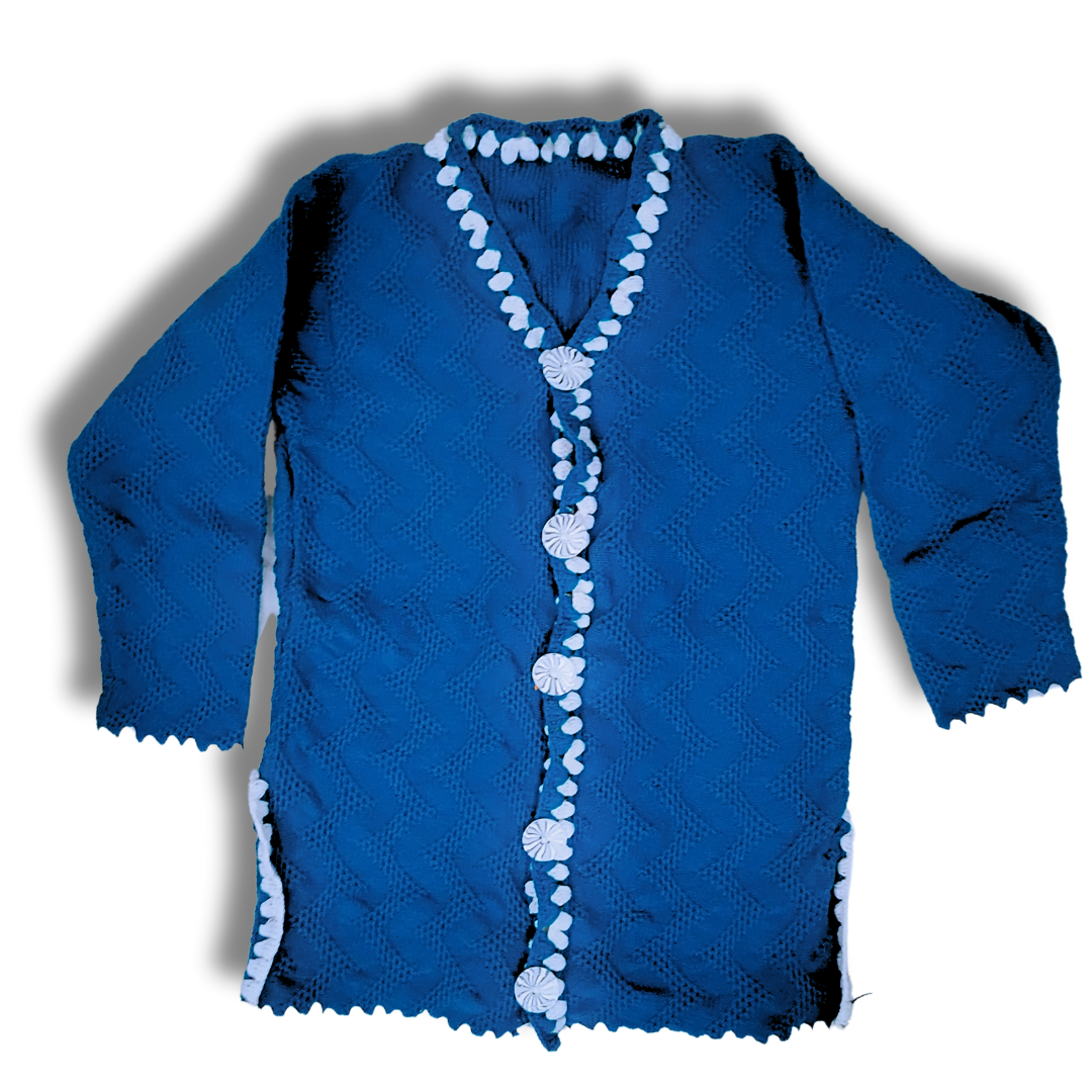 Blue Cardigan with Hand-Knitted Blue White Border Buttoned V Neck Sweater for Women and Girls - View 4 of 8 - Premium wool sweater