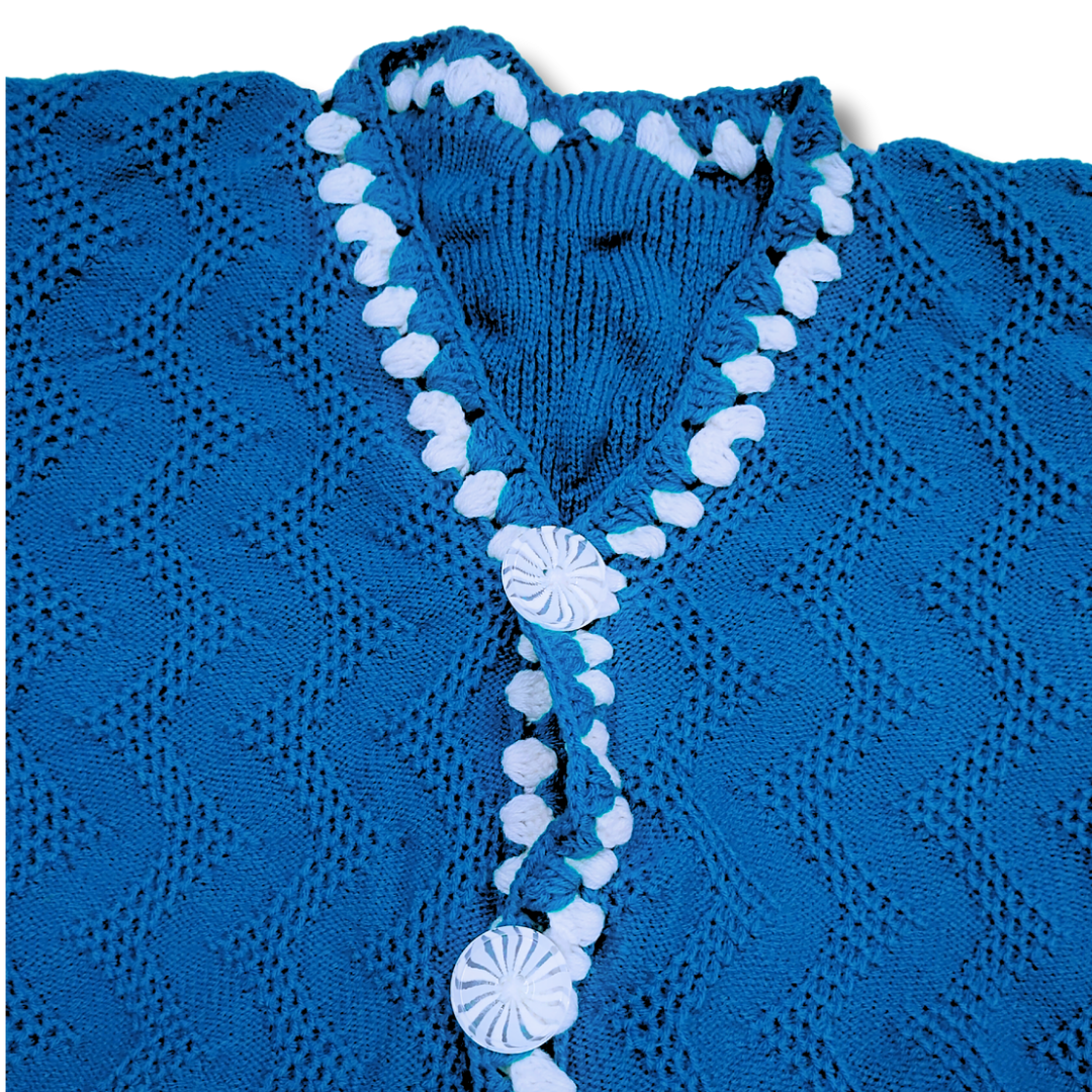 Blue Cardigan with Hand-Knitted Blue White Border Buttoned V Neck Sweater for Women and Girls - View 2 of 8 - Premium wool sweater