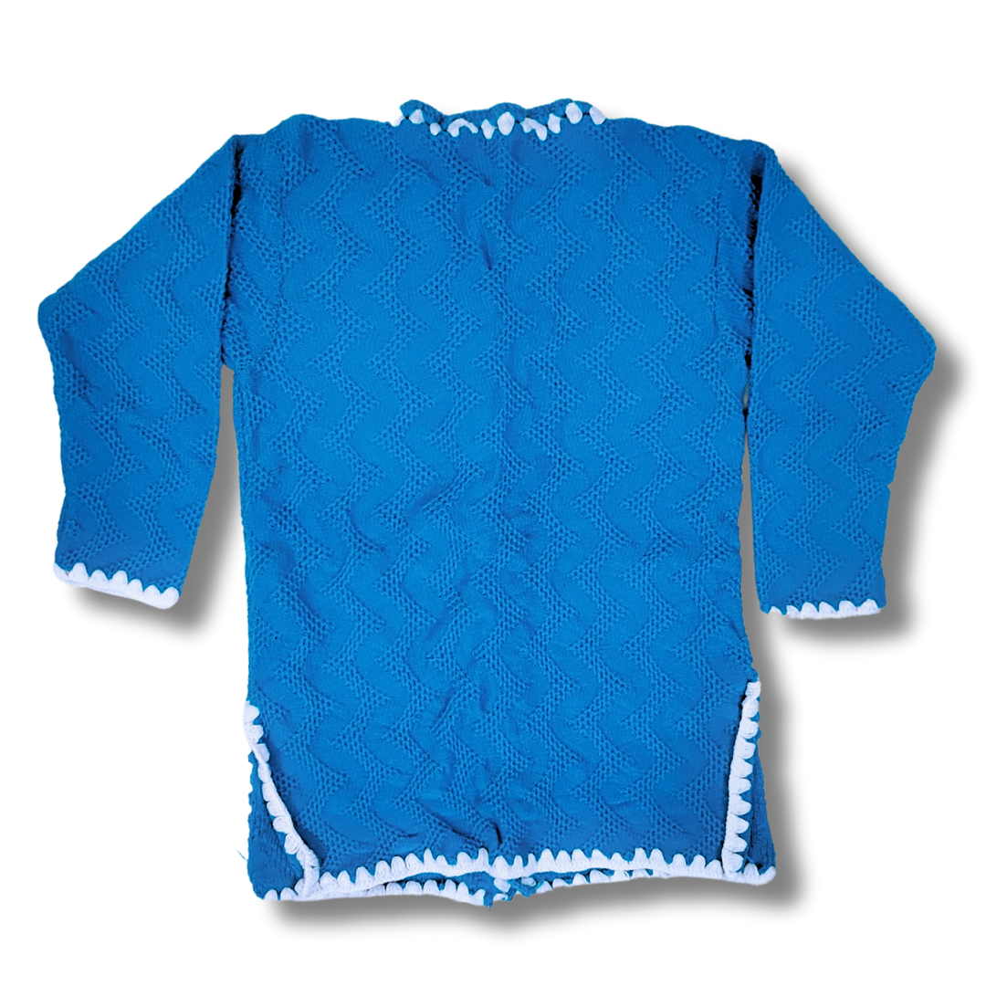 Blue Cardigan with Hand-Knitted Blue White Border Buttoned V Neck Sweater for Women and Girls - View 6 of 8 - Premium wool sweater