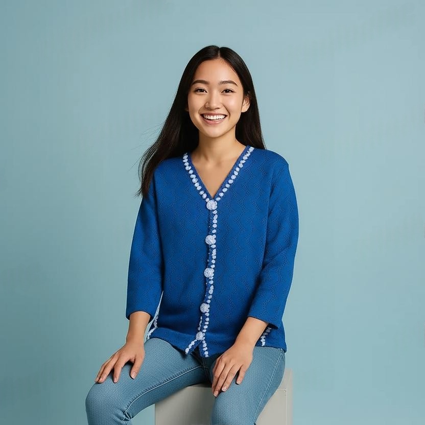 Blue Cardigan with Hand-Knitted Blue White Border Buttoned V Neck Sweater for Women and Girls - View 5 of 8 - Premium wool sweater