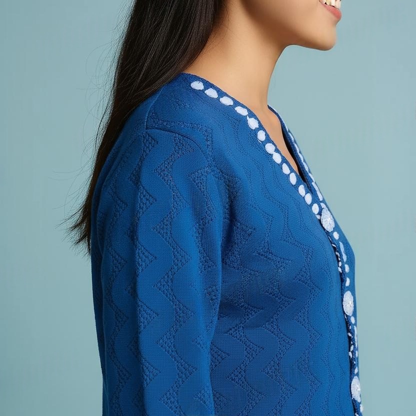 Blue Cardigan with Hand-Knitted Blue White Border Buttoned V Neck Sweater for Women and Girls - View 7 of 8 - Premium wool sweater