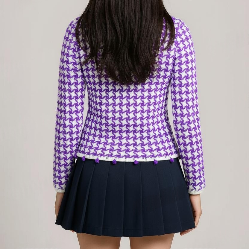 Purple White Pullover Top for Women with White Knitted Border and Side Cut - View 7 of 8 - Premium wool sweater