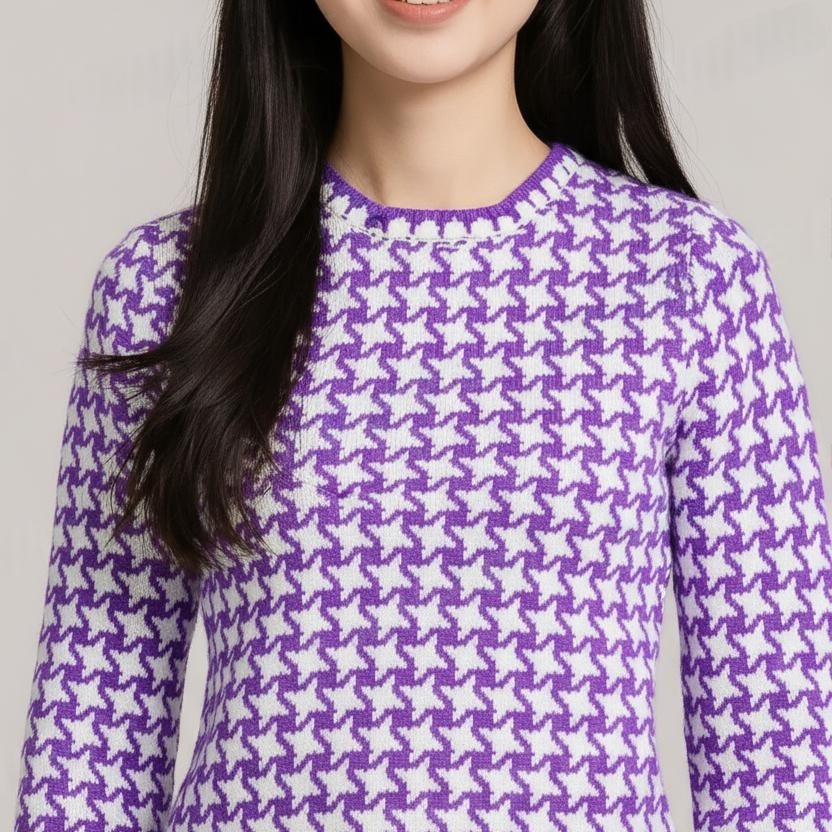 Purple White Pullover Top for Women with White Knitted Border and Side Cut - View 3 of 8 - Premium wool sweater