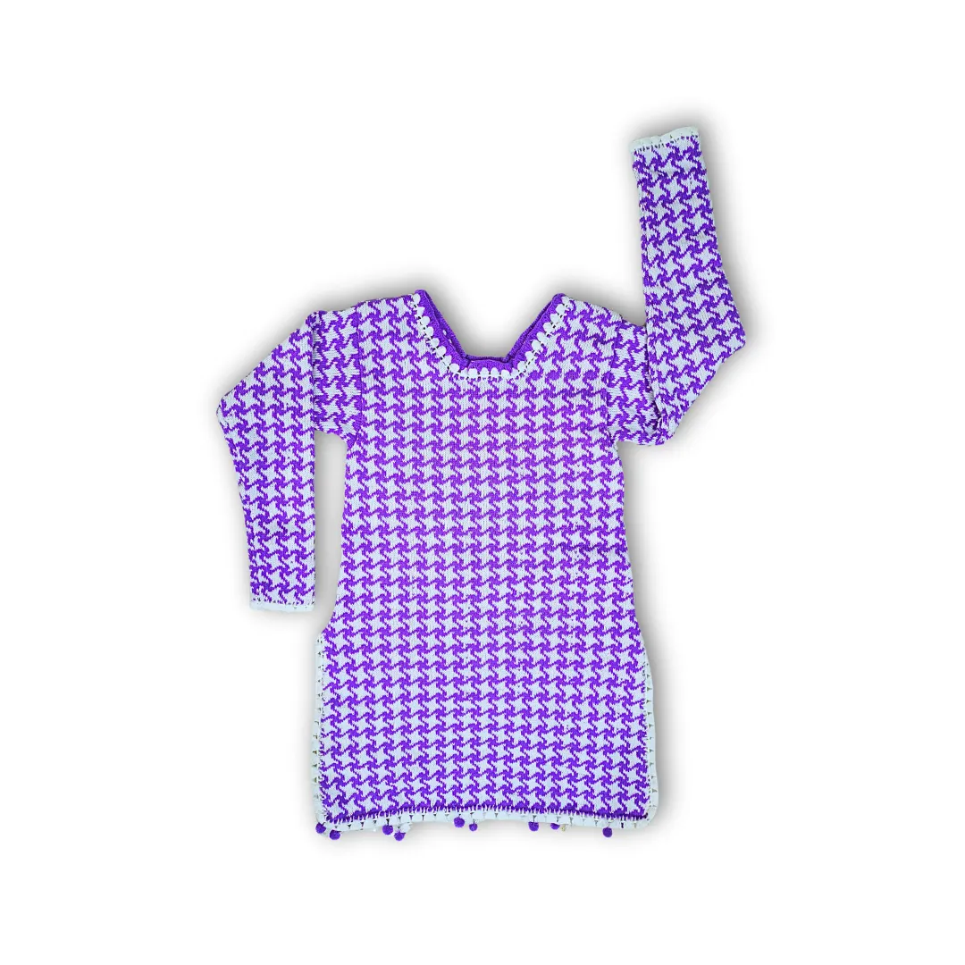 Purple White Pullover Top for Women with White Knitted Border and Side Cut - View 8 of 8 - Premium wool sweater