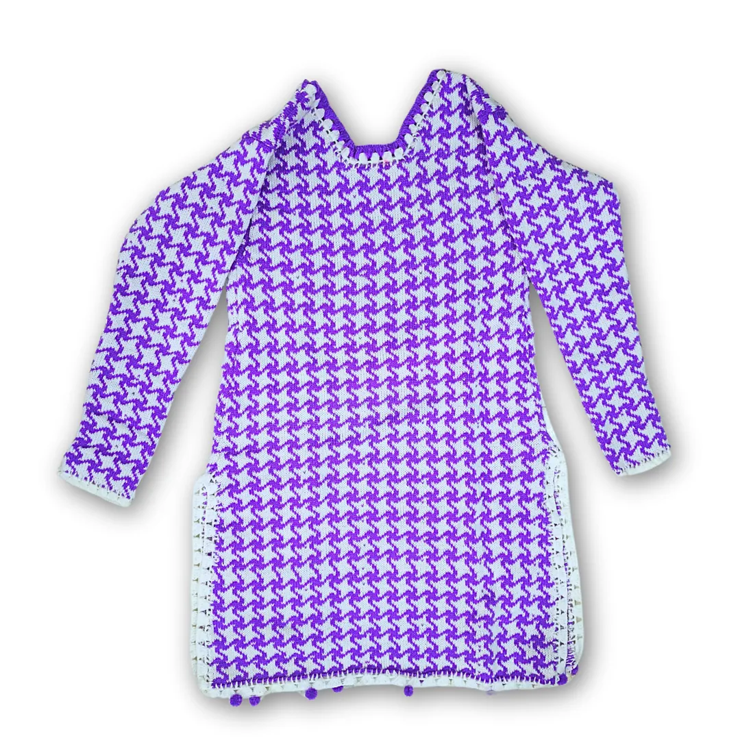 Purple White Pullover Top for Women with White Knitted Border and Side Cut - View 2 of 8 - Premium wool sweater