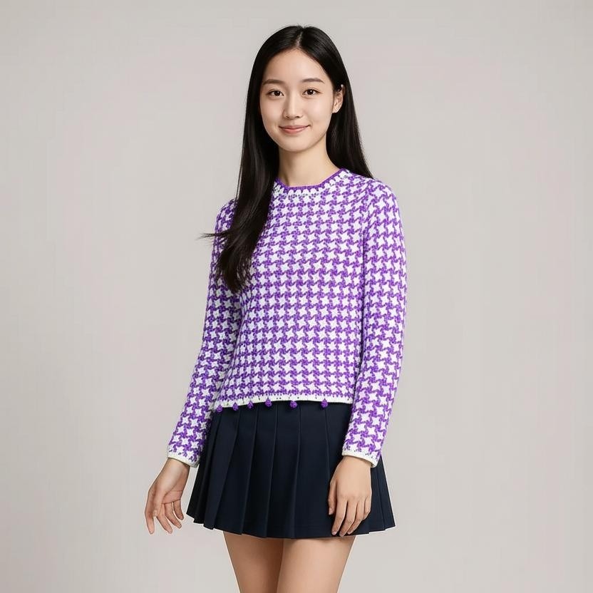 Purple White Pullover Top for Women with White Knitted Border and Side Cut - View 5 of 8 - Premium wool sweater