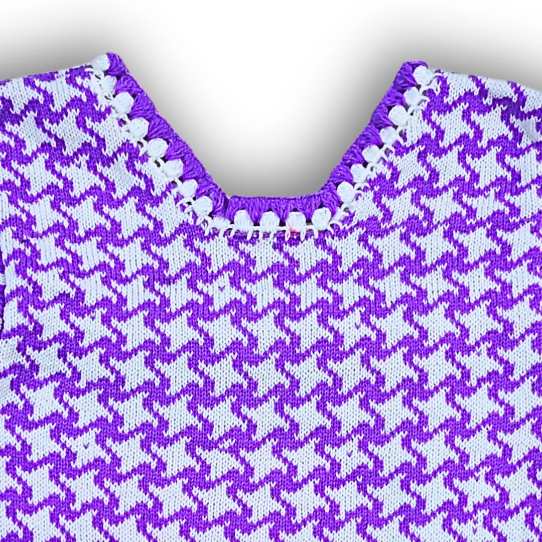 Purple White Pullover Top for Women with White Knitted Border and Side Cut - View 4 of 8 - Premium wool sweater