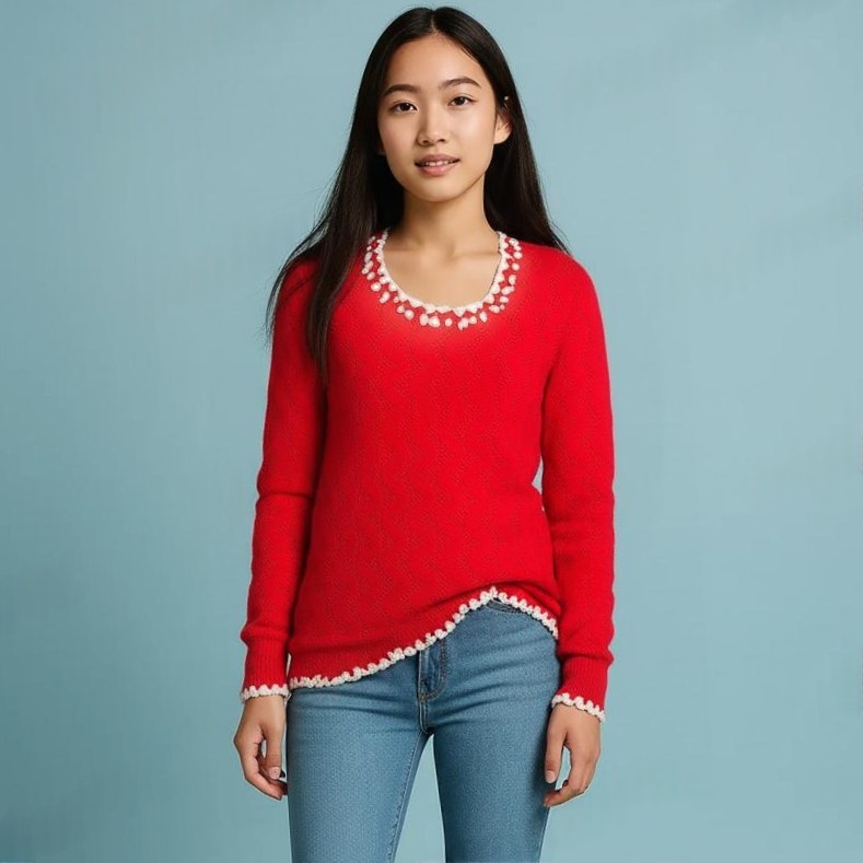 Red Cardigan Pullover Hand-Knitted White Border round neck Sweater for Women and Girls - View 4 of 7 - Premium wool sweater