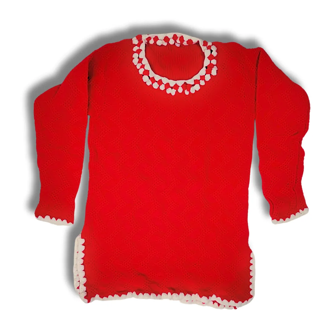 Red Cardigan Pullover Hand-Knitted White Border round neck Sweater for Women and Girls - View 3 of 7 - Premium wool sweater