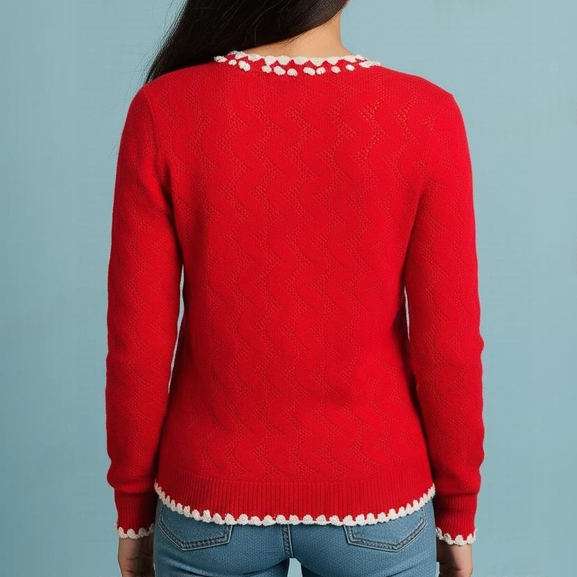 Red Cardigan Pullover Hand-Knitted White Border round neck Sweater for Women and Girls - View 7 of 7 - Premium wool sweater
