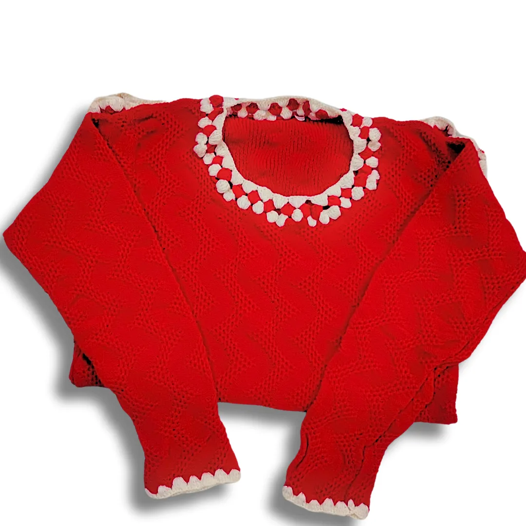 Red Cardigan Pullover Hand-Knitted White Border round neck Sweater for Women and Girls - View 5 of 7 - Premium wool sweater