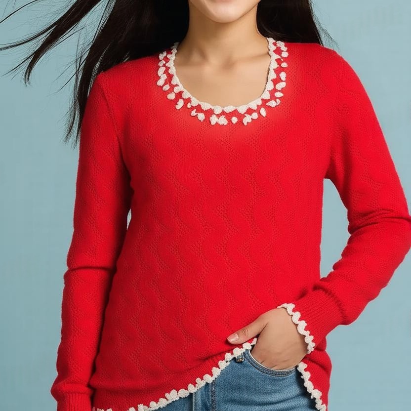 Red Cardigan Pullover Hand-Knitted White Border round neck Sweater for Women and Girls - View 2 of 7 - Premium wool sweater