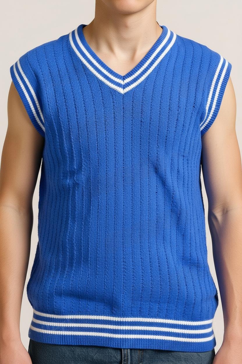 Solid Indigo Blue V-Neck Pullover White Ripped Half Sleeve Pattern Cotton Wool Sweater for Men - View 3 of 7 - Premium wool sweater