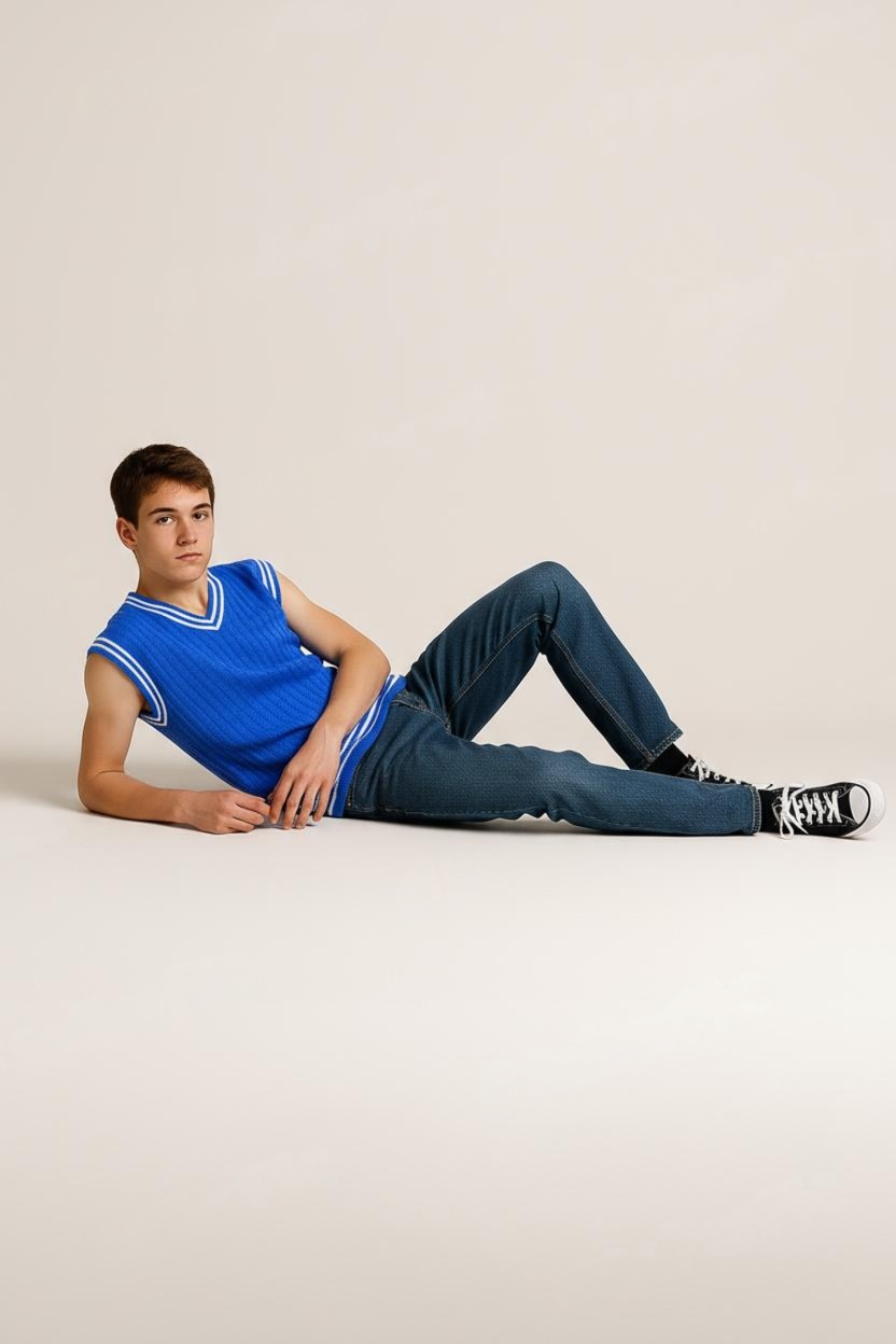 Solid Indigo Blue V-Neck Pullover White Ripped Half Sleeve Pattern Cotton Wool Sweater for Men - View 4 of 7 - Premium wool sweater