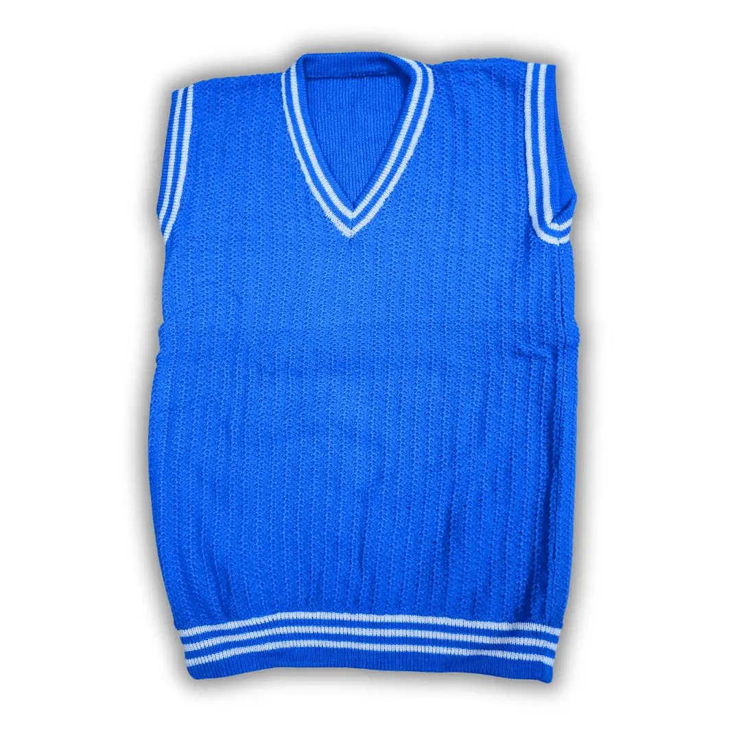 Solid Indigo Blue V-Neck Pullover White Ripped Half Sleeve Pattern Cotton Wool Sweater for Men - View 2 of 7 - Premium wool sweater