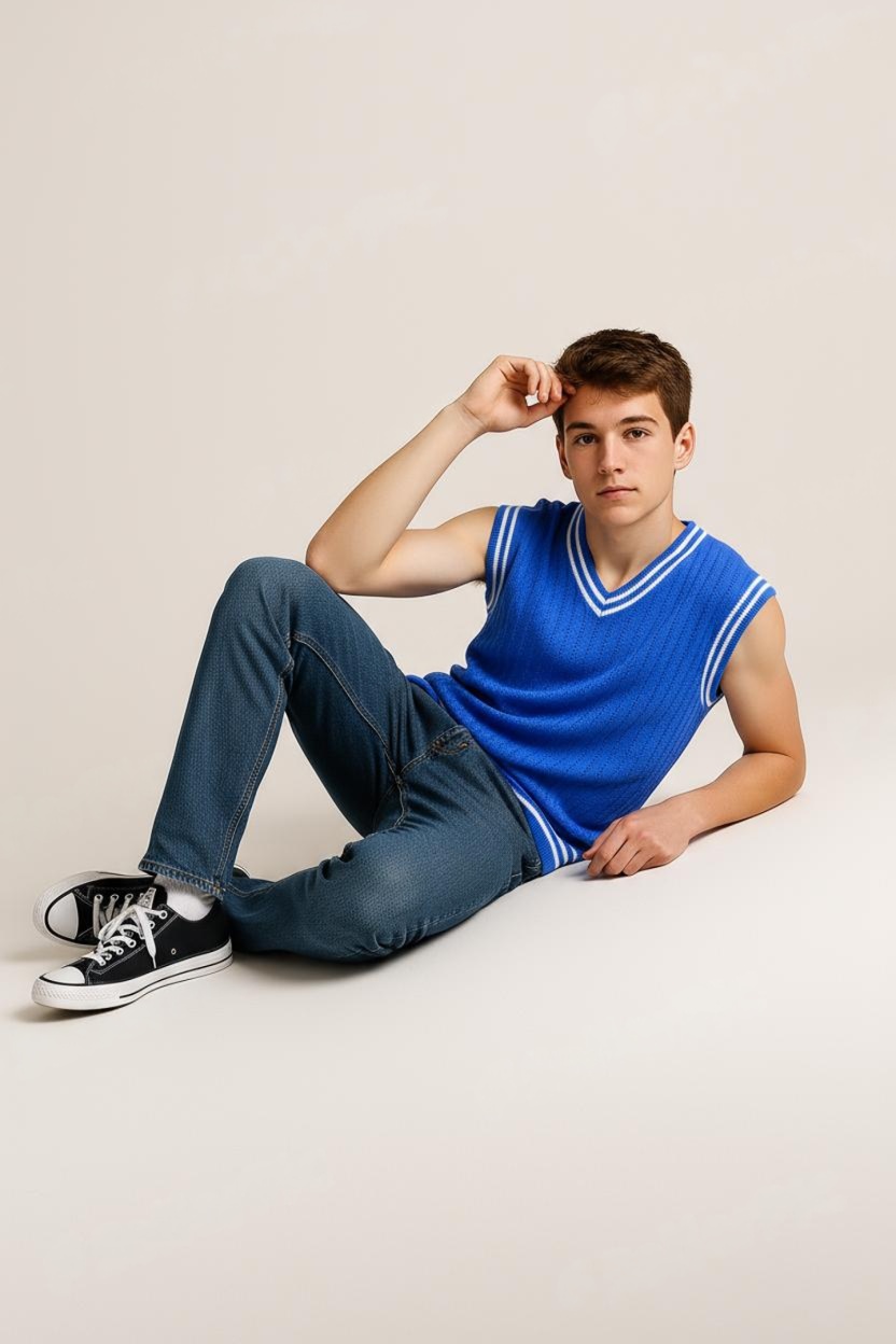 Solid Indigo Blue V-Neck Pullover White Ripped Half Sleeve Pattern Cotton Wool Sweater for Men - Premium wool sweater from Sonai Knitcraft. Buy winter sweaters online.