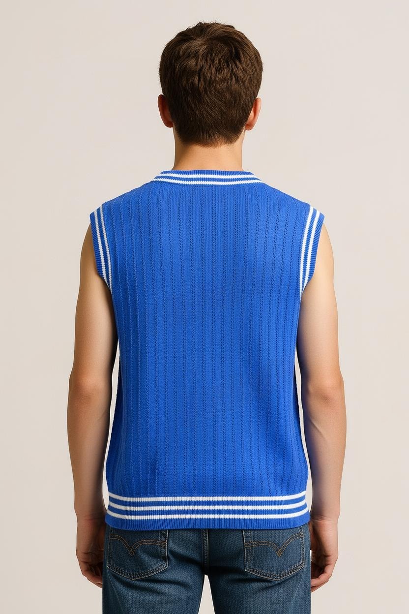 Solid Indigo Blue V-Neck Pullover White Ripped Half Sleeve Pattern Cotton Wool Sweater for Men - View 6 of 7 - Premium wool sweater