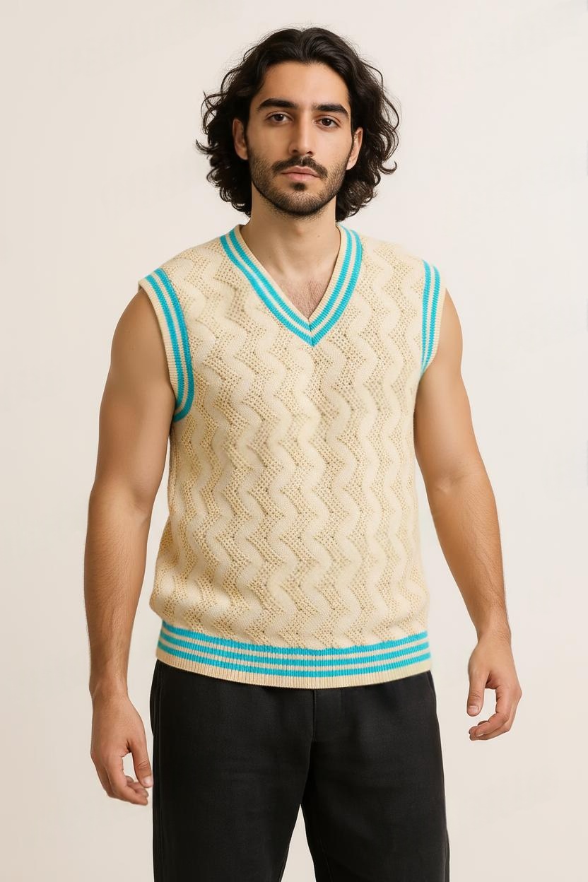 Off White and Sea Green Ripped V Neck Pullover Half Sleeve Cotton T-Shirt Pattern Wool Sweater for Men - View 5 of 8 - Premium wool sweater