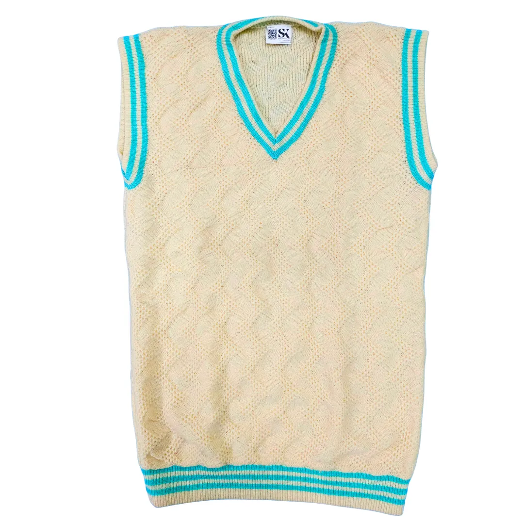 Off White and Sea Green Ripped V Neck Pullover Half Sleeve Cotton T-Shirt Pattern Wool Sweater for Men - View 2 of 8 - Premium wool sweater