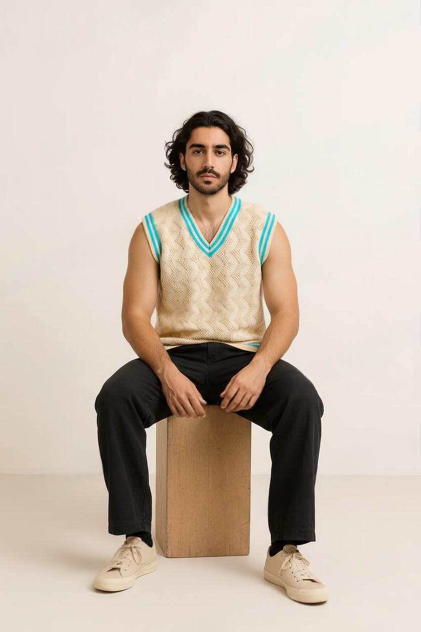 Off White and Sea Green Ripped V Neck Pullover Half Sleeve Cotton T-Shirt Pattern Wool Sweater for Men - Premium wool sweater from Sonai Knitcraft. Buy winter sweaters online.