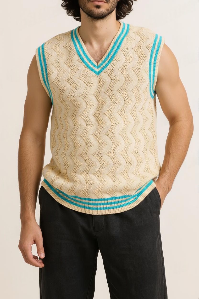 Off White and Sea Green Ripped V Neck Pullover Half Sleeve Cotton T-Shirt Pattern Wool Sweater for Men - View 3 of 8 - Premium wool sweater