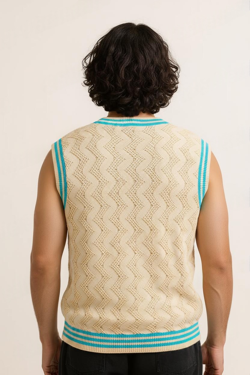 Off White and Sea Green Ripped V Neck Pullover Half Sleeve Cotton T-Shirt Pattern Wool Sweater for Men - View 7 of 8 - Premium wool sweater