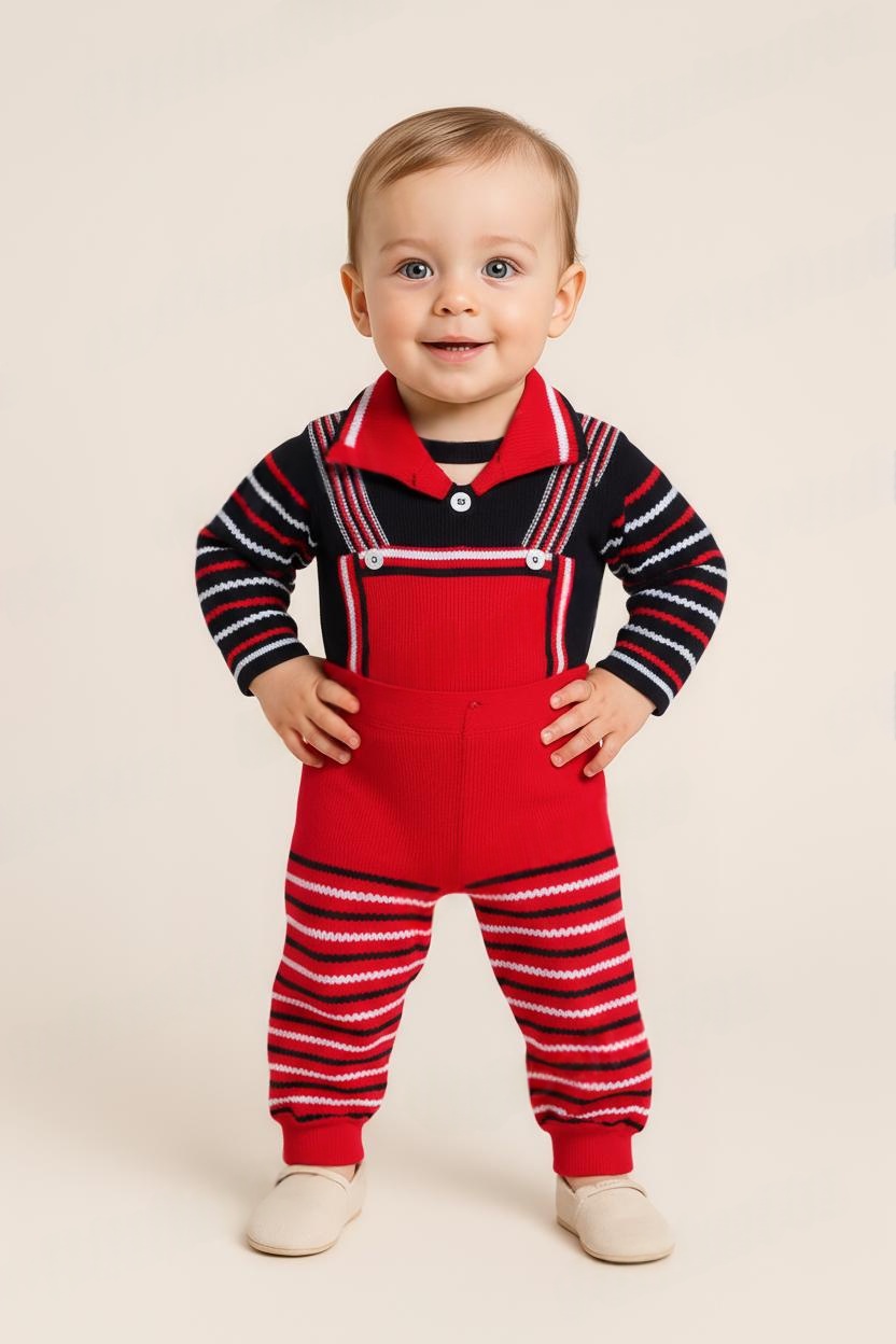 Woolen Winter Full Suit Dungaree top bottom Set for Baby Girls and Boys Sweater - View 3 of 7 - Premium wool sweater