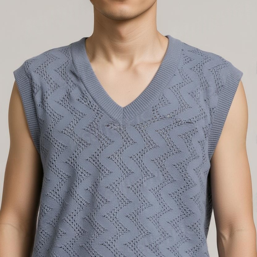 Solid Grey V-Neck Half Sleeve Vertical V Checkered Pattern Cotton Wool Sweater for Men - View 3 of 8 - Premium wool sweater